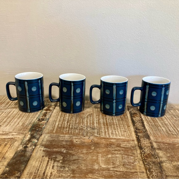 4 MCM Blue Dot Mugs Coffee Cups Geometric New Old Stock Japan Kasuga Ware - Picture 2 of 16